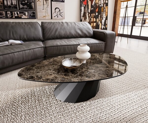 DELIFE Konferenční stolek Edge organický 140x76 cm keramika Laminam® Emperador Extra Lucidato tmavě hnědá Parabi kov černá