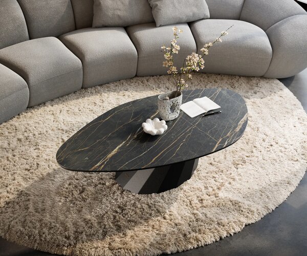 DELIFE Konferenční stolek Edge organický 140x76 cm keramika Laminam® Noir Desir hnědá Parabi kov černá