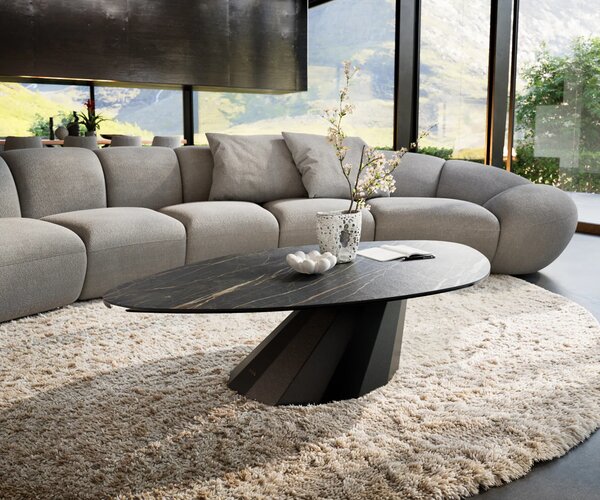 DELIFE Konferenční stolek Edge organický 140x76 cm keramika Laminam® Noir Desir hnědá Parabi kov černá