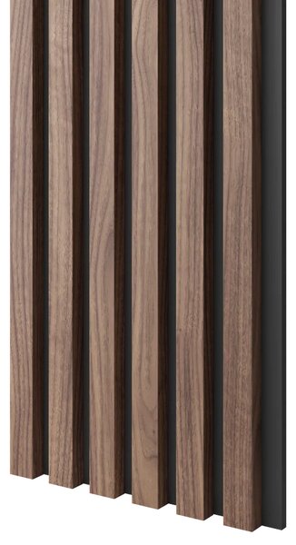 Akustický panel, podklad černá MDF deska, úzká lamela, dýha Americký ořech, 30x275 cm