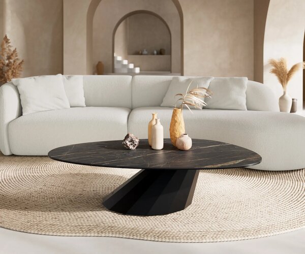 DELIFE Konferenční stolek Edge oválný 140x75 cm keramika Laminam® Noir Desir hnědá Parabi kov černá