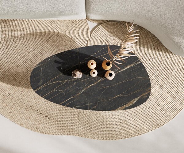 DELIFE Konferenční stolek Edge oválný 140x75 cm keramika Laminam® Noir Desir hnědá Parabi kov černá