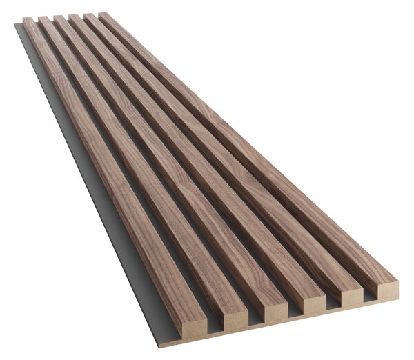 Akustický panel, podklad černá MDF deska, úzká lamela, dýha Americký ořech, 30x275 cm