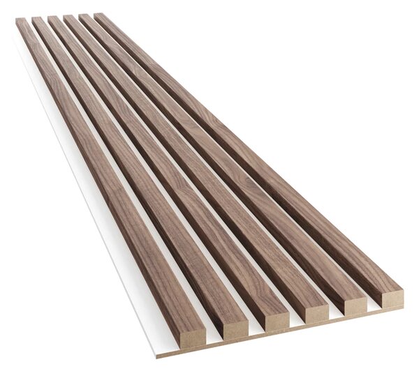 Akustický panel, podklad bílá MDF deska, úzká lamela, dýha Americký ořech, 30x275 cm