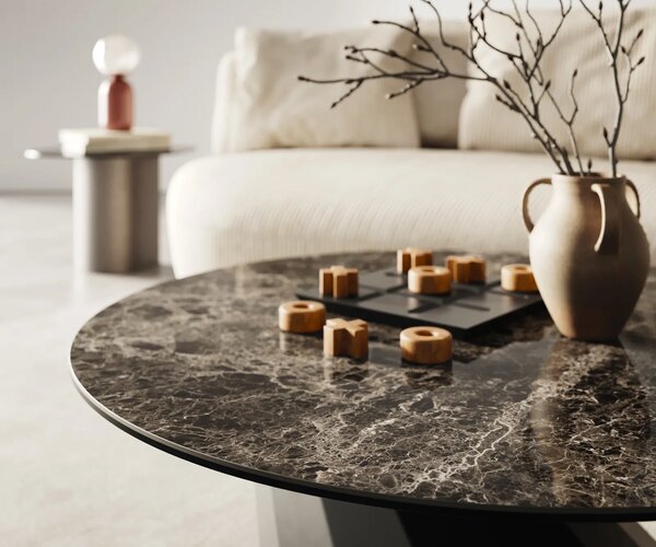 DELIFE Konferenční stolek Edge kulatý 90x90 cm keramika Laminam® Emperador Extra Lucidato tmavě hnědá Parabi kov černá