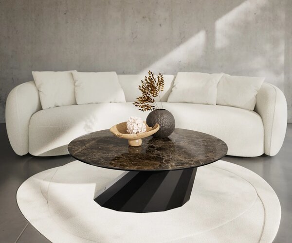DELIFE Konferenční stolek Edge kulatý 100x100 cm keramika Laminam® Emperador Extra Lucidato tmavě hnědá Parabi kov černá