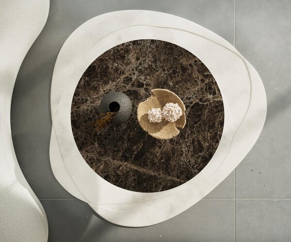 DELIFE Konferenční stolek Edge kulatý 100x100 cm keramika Laminam® Emperador Extra Lucidato tmavě hnědá Parabi kov černá