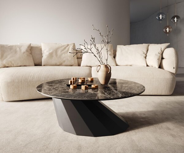 DELIFE Konferenční stolek Edge kulatý 90x90 cm keramika Laminam® Emperador Extra Lucidato tmavě hnědá Parabi kov černá