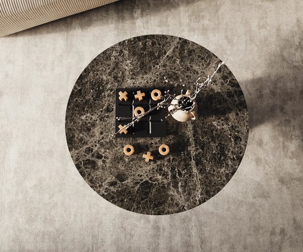DELIFE Konferenční stolek Edge kulatý 90x90 cm keramika Laminam® Emperador Extra Lucidato tmavě hnědá Parabi kov černá