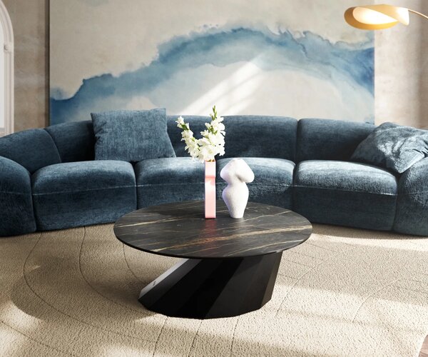 DELIFE Konferenční stolek Edge kulatý 90x90 cm keramika Laminam® Noir Desir hnědá Parabi kov černá