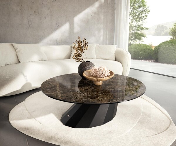 DELIFE Konferenční stolek Edge kulatý 100x100 cm keramika Laminam® Emperador Extra Lucidato tmavě hnědá Parabi kov černá