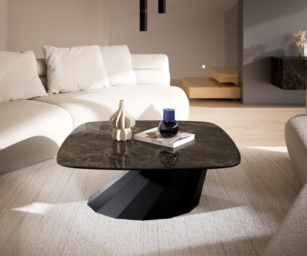 DELIFE Konferenční stolek Edge Boot 90x90 cm keramika Laminam® Emperador Extra Lucidato tmavě hnědá Parabi kov černá