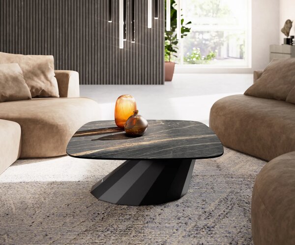 DELIFE Konferenční stolek Edge Boot 90x90 cm keramika Laminam® Noir Desir hnědá Parabi kov černá