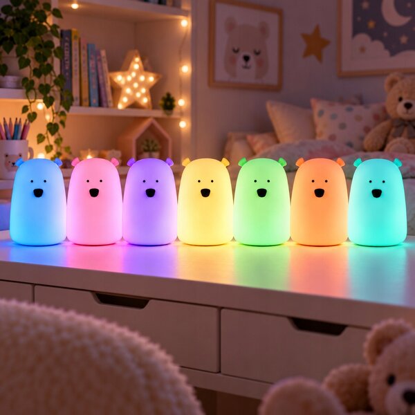 Noční Lampa Dětská LED stolní barevná RGB Medvídek Akumulátor USB Bílá