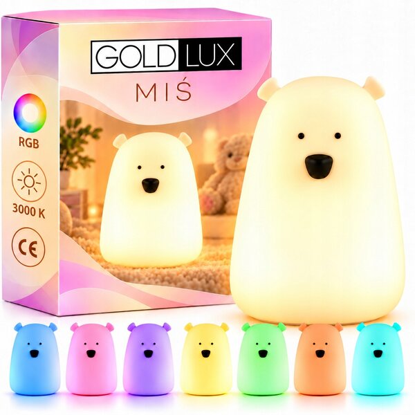 Noční Lampa Dětská LED stolní barevná RGB Medvídek Akumulátor USB Bílá