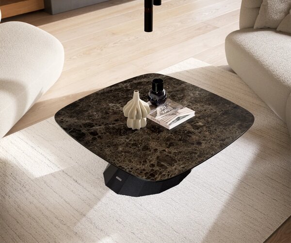 DELIFE Konferenční stolek Edge Boot 90x90 cm keramika Laminam® Emperador Extra Lucidato tmavě hnědá Parabi kov černá