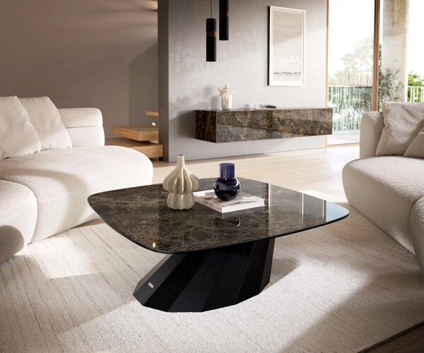 DELIFE Konferenční stolek Edge Boot 90x90 cm keramika Laminam® Emperador Extra Lucidato tmavě hnědá Parabi kov černá
