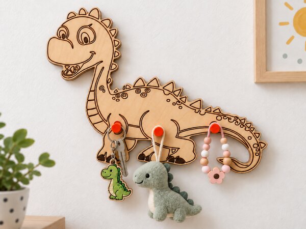 PokojovaDekorace.cz, Dřevěný věšák na zeď Dinosaurus – 3 kolíky, 30 x 25 cm Barva kolíků: Červená