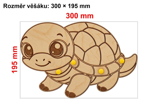 PokojovaDekorace.cz, Dřevěný věšák na zeď Želva – 4 kolíky, 30 x 19,5 cm Barva kolíků: Žlutá