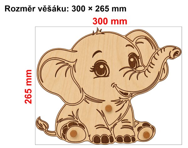 PokojovaDekorace.cz, Dětský dřevěný věšák na zeď – Veselý sloník se 3 kolíky, 30 x 26,5 cm Barva kolíků: Hnědá