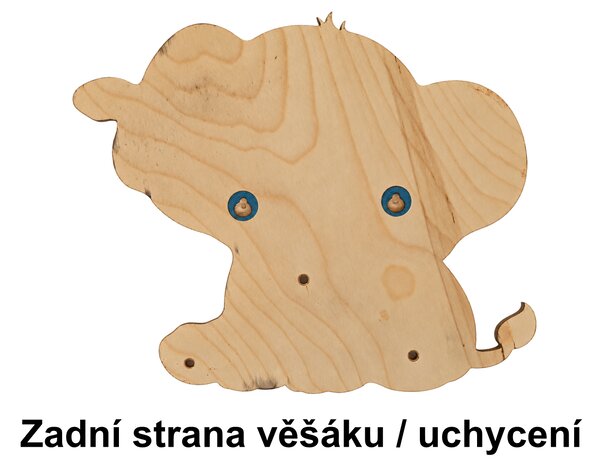 PokojovaDekorace.cz, Dětský dřevěný věšák na zeď – Veselý sloník se 3 kolíky, 30 x 26,5 cm Barva kolíků: Hnědá