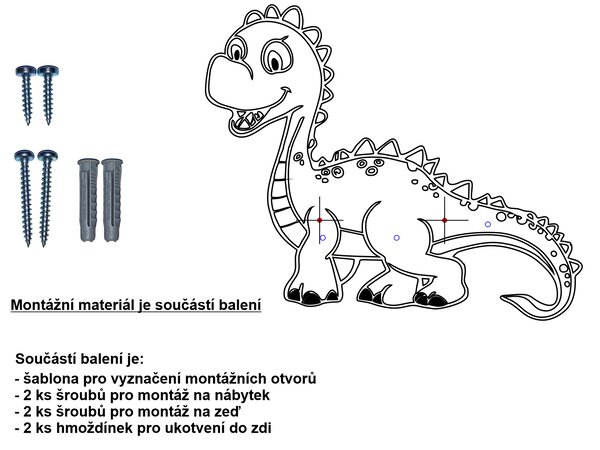 PokojovaDekorace.cz, Dřevěný věšák na zeď Dinosaurus – 3 kolíky, 30 x 25 cm Barva kolíků: Červená