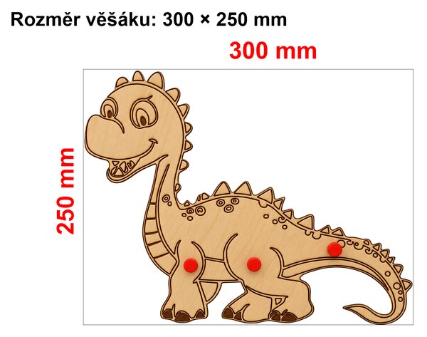 PokojovaDekorace.cz, Dřevěný věšák na zeď Dinosaurus – 3 kolíky, 30 x 25 cm Barva kolíků: Červená