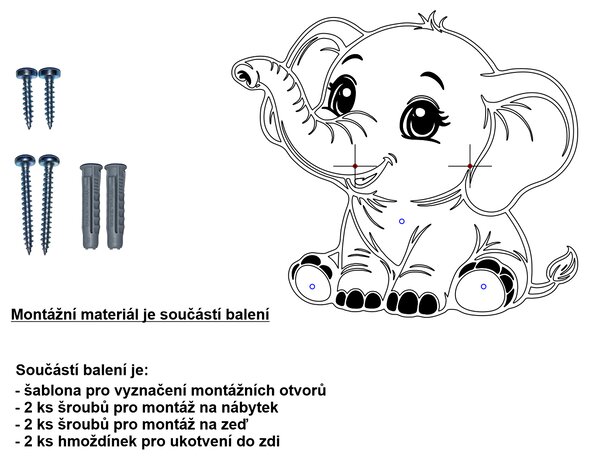 PokojovaDekorace.cz, Dětský dřevěný věšák na zeď – Veselý sloník se 3 kolíky, 30 x 26,5 cm Barva kolíků: Hnědá