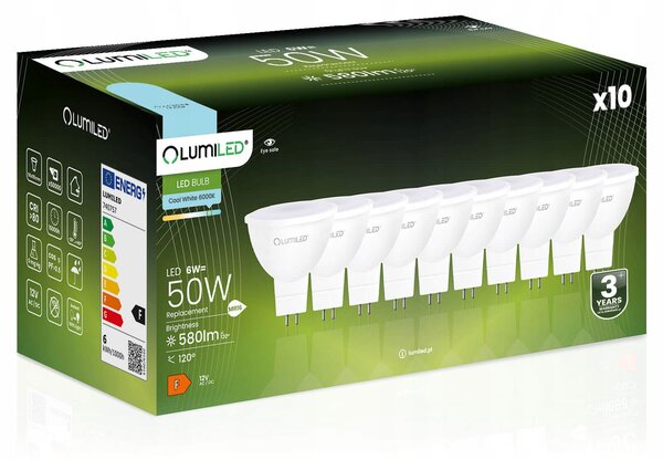 10x LED žárovka GU5.3 Reflektor MR16 6W 580lm 6500K Studená 120° 12V LUMILED