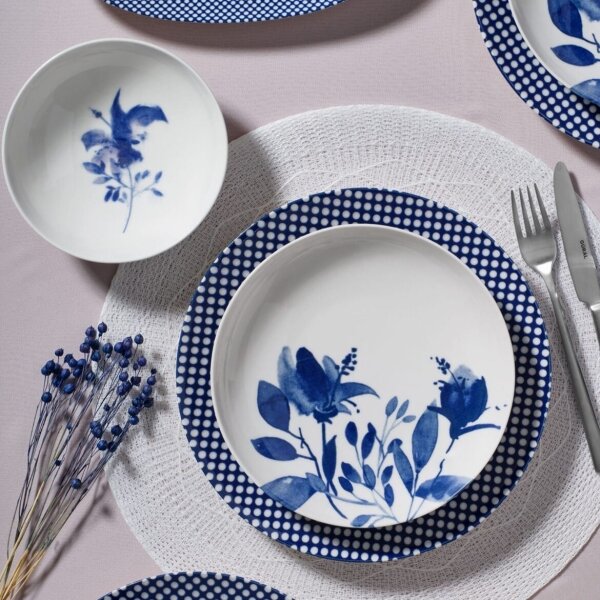 Jídelní sada 14 ks bílá/modrá/porcelán
