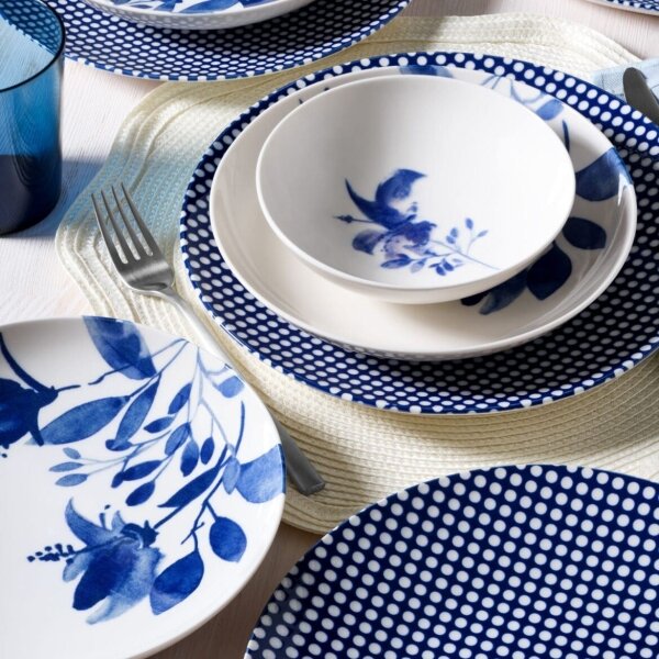 Jídelní sada 14 ks bílá/modrá/porcelán