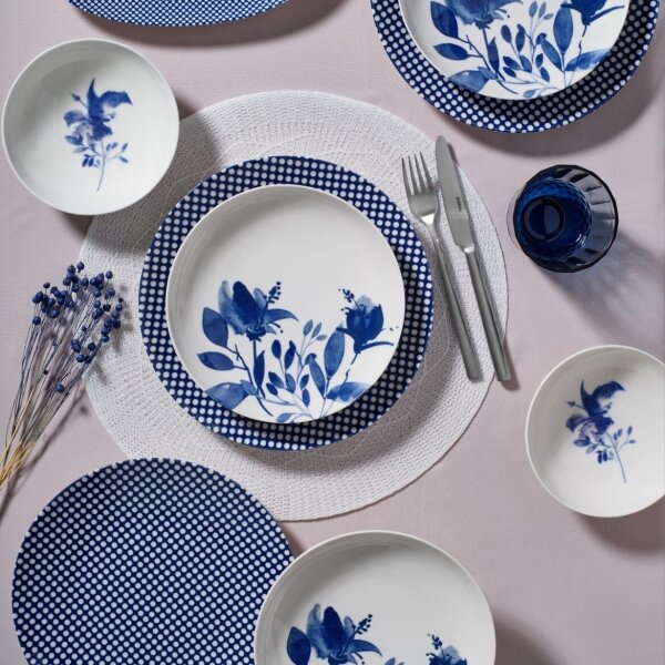 Jídelní sada 14 ks bílá/modrá/porcelán