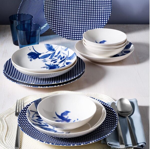 Jídelní sada 14 ks bílá/modrá/porcelán