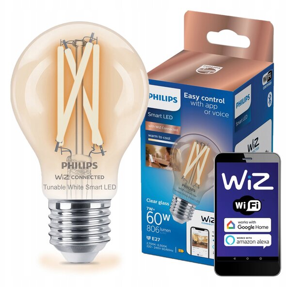 LED žárovka E27 A60 7W = 60W 2700-6500K FILAMENT SMART WiFi Philips WiZ