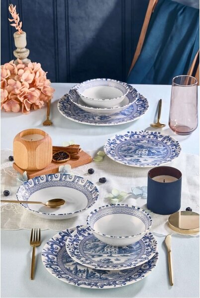 Jídelní sada 24 ks bílá/modrá/porcelán