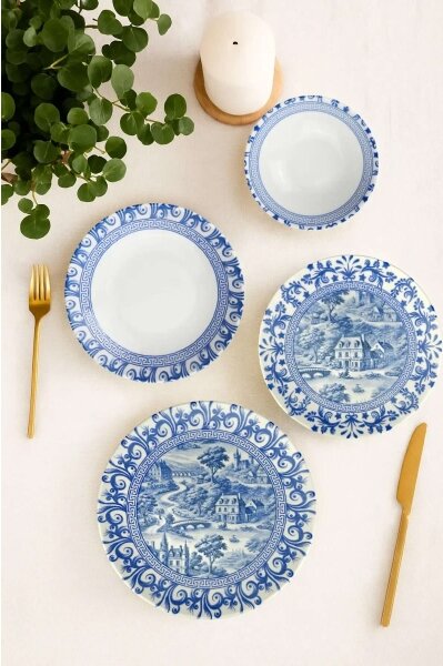 Jídelní sada 24 ks bílá/modrá/porcelán