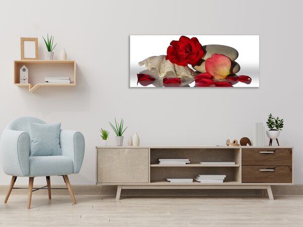 Obraz skleněný květ a lístky červené růže na mušli - 30 x 60 cm