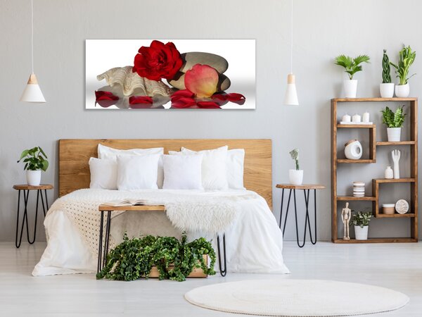 Obraz skleněný květ a lístky červené růže na mušli - 30 x 60 cm