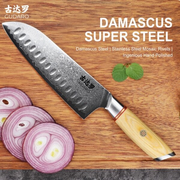 Gudaro - Damaškový Santoku kuchyňský nůž HIKARI 7", 67 vrstev oceli,délka 17,5cm