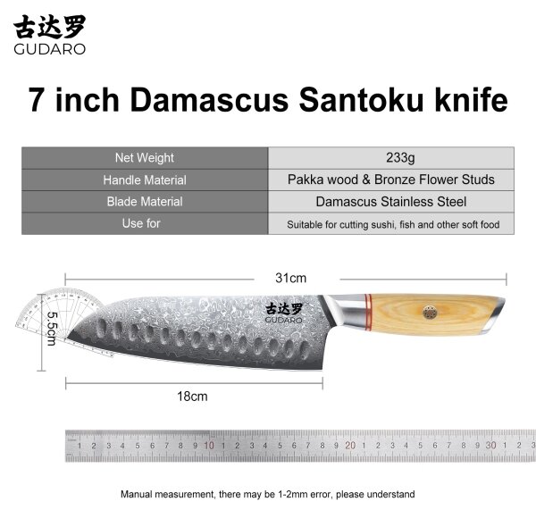 Gudaro - Damaškový Santoku kuchyňský nůž HIKARI 7", 67 vrstev oceli,délka 17,5cm