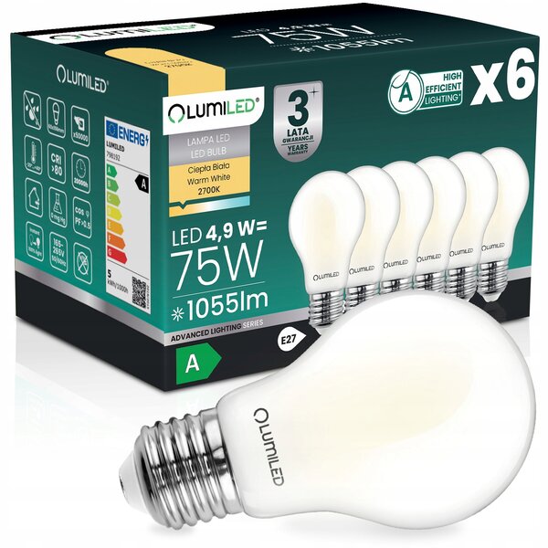 6x LED ŽÁROVKA E27 FILAMENT TŘÍDA A 4,9W 1055LM = 75W 2700K 360° LUMILED