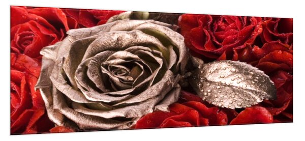 Obraz skleněný květy zlatá a červená růže - 30 x 60 cm