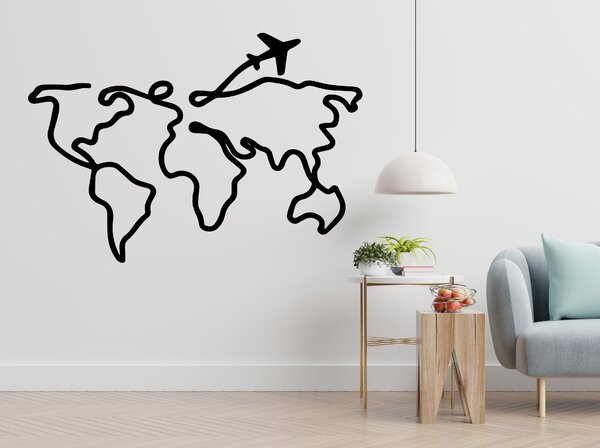 Mapa světa s letadlem - samolepky na zeď Barevná varianta: žlutá