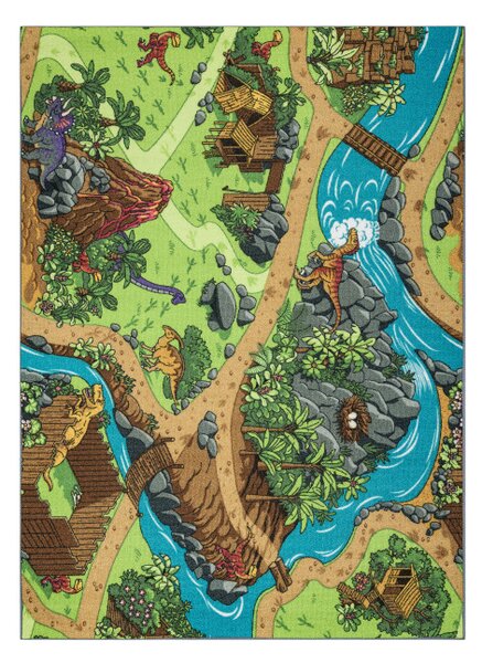 Dětský koberec REBEL ROADS Dino World 29 Dinosauři, protiskluzový - šedý / zelený