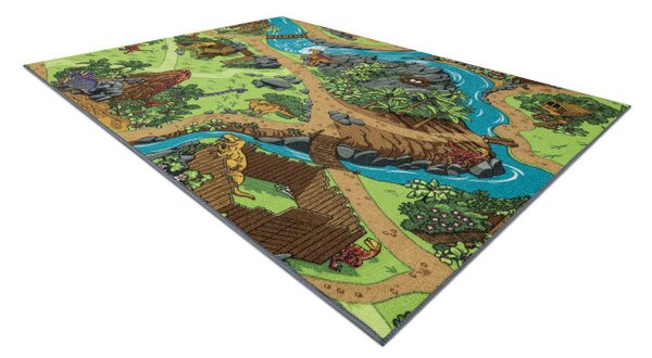 Dětský koberec REBEL ROADS Dino World 29 Dinosauři, protiskluzový - šedý / zelený