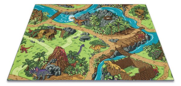 Dětský koberec REBEL ROADS Dino World 29 Dinosauři, protiskluzový - šedý / zelený