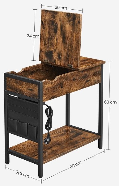 Odkládací stolek s vestavěnými zásuvkami a USB porty ELDUR 60x30 cm hnědá/černá