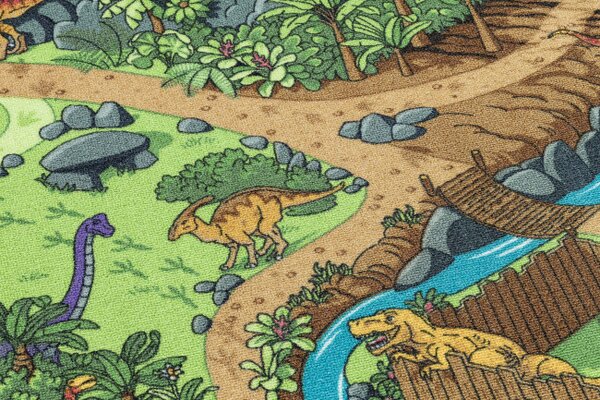 Dětský koberec REBEL ROADS Dino World 29 Dinosauři, protiskluzový - šedý / zelený
