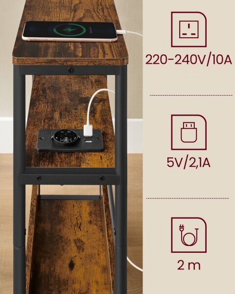 Odkládací stolek s vestavěnou zásuvkou a USB porty ROD 45x18 cm hnědá/černá