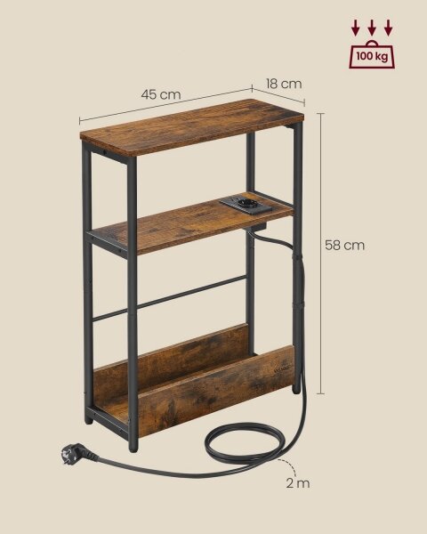 Odkládací stolek s vestavěnou zásuvkou a USB porty ROD 45x18 cm hnědá/černá